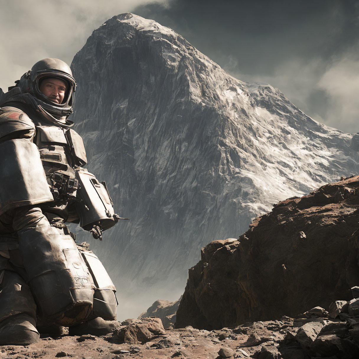 Astronaut on rocky terrain with snow-capped mountain in background