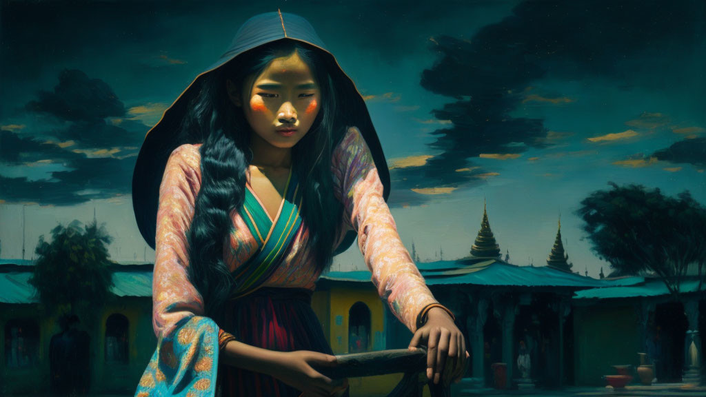 Woman in traditional attire holding a book at temple under twilight sky