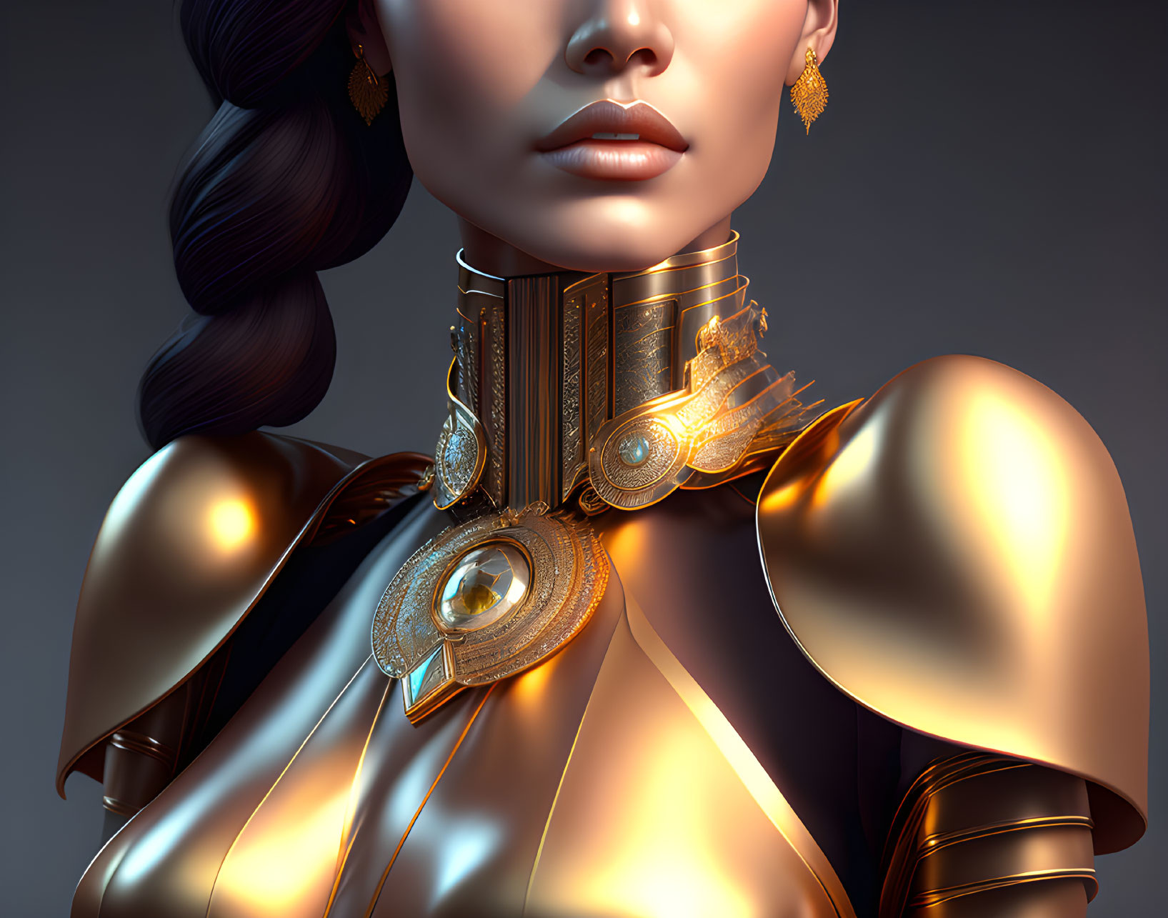 Futuristic digital artwork of a woman in gold armor and choker