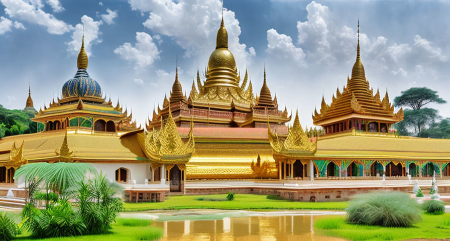 Golden temple with spires in lush greenery under blue sky