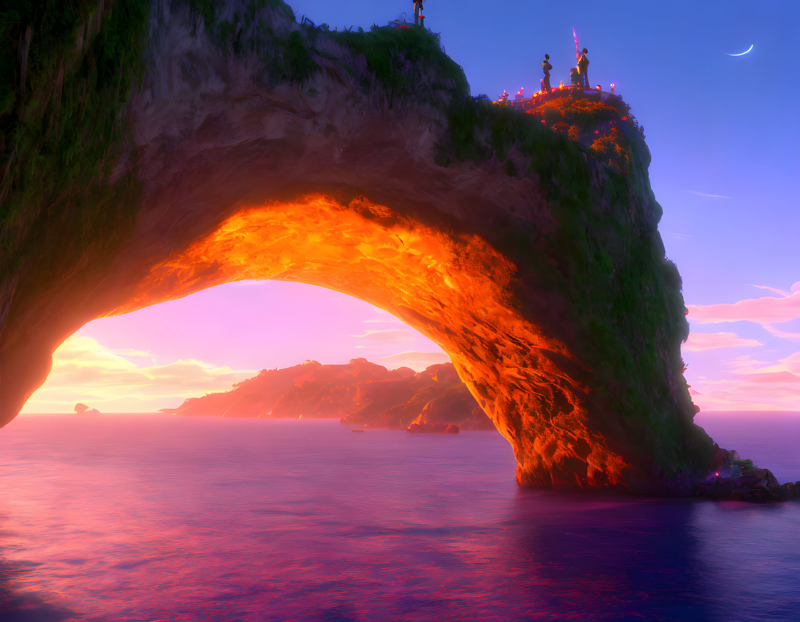 Fiery orange sunset under natural stone arch on rocky island