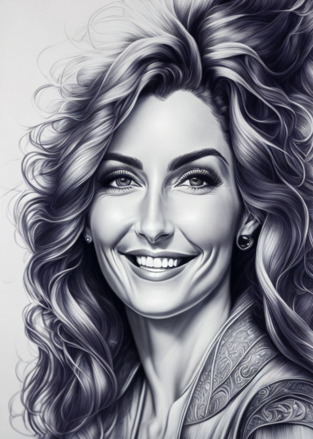 Detailed grayscale portrait of a smiling woman with curly hair and tattooed shoulder