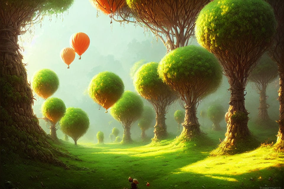 Spherical topiary trees in whimsical landscape with hot air balloons