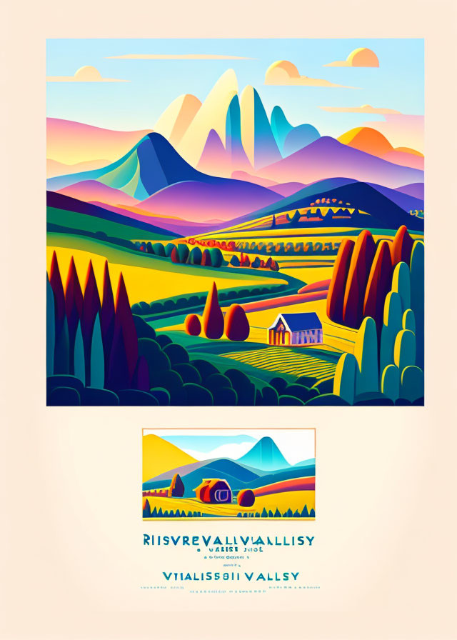 Colorful landscape poster with hills, mountains, and structure under pastel sky