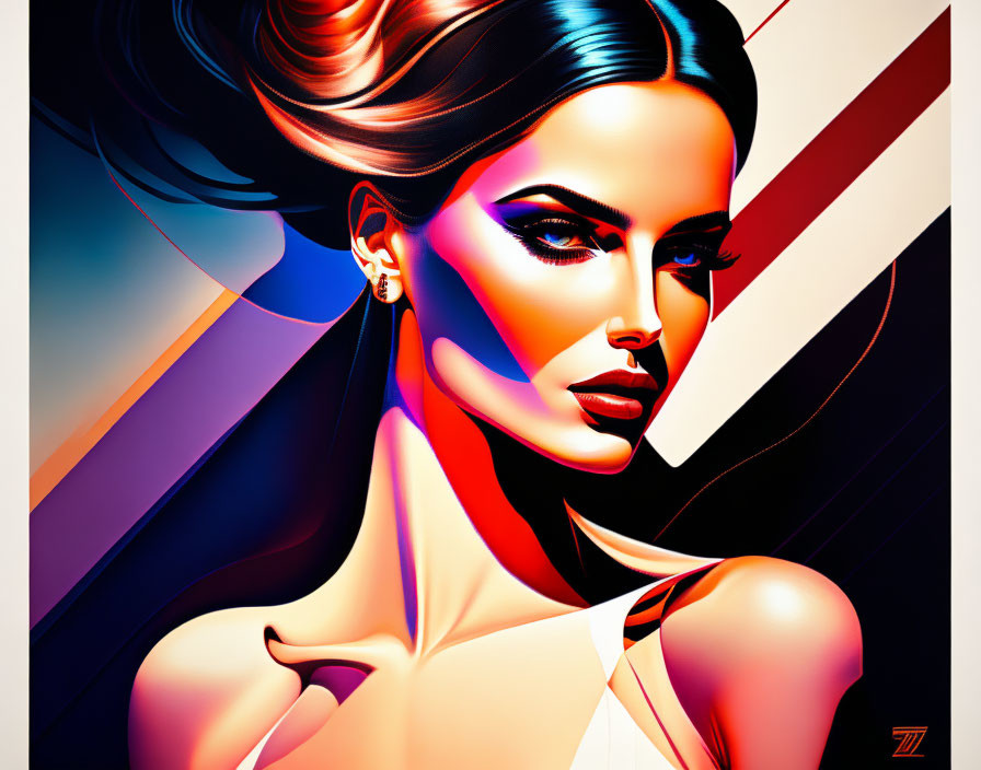 Colorful Stylized Woman Artwork with Flowing Hair and Bold Stripes