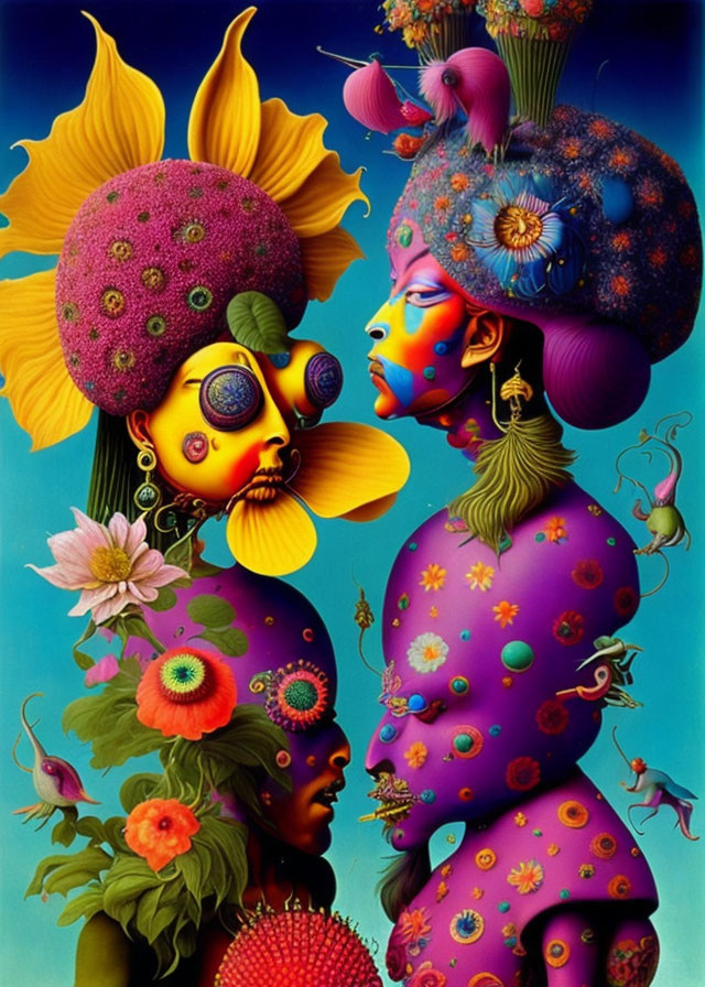 Colorful surreal painting of three figures with floral-patterned skin and nature-inspired elements on deep blue backdrop