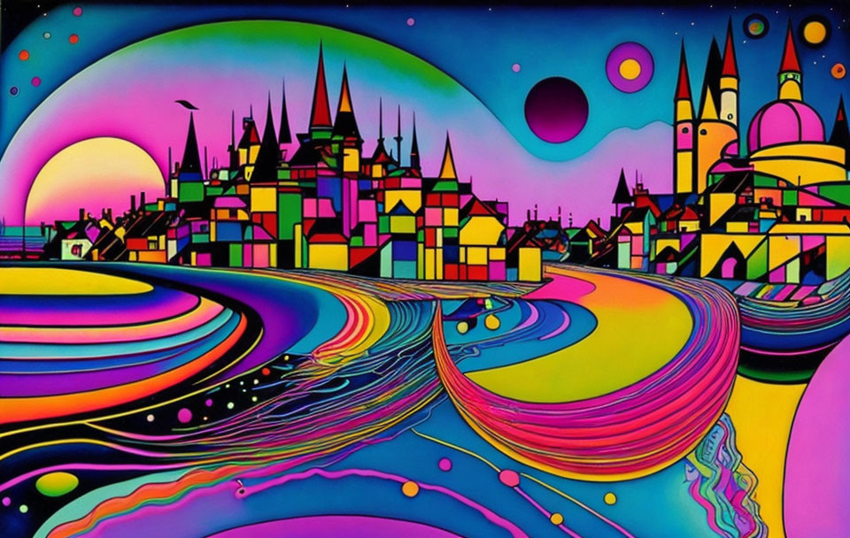 Colorful cityscape with swirling rivers, multicolored buildings, sunset sky, planets, and birds