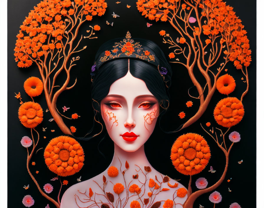 Stylized artwork: Woman with black hair, red floral makeup, surrounded by vibrant orange trees.