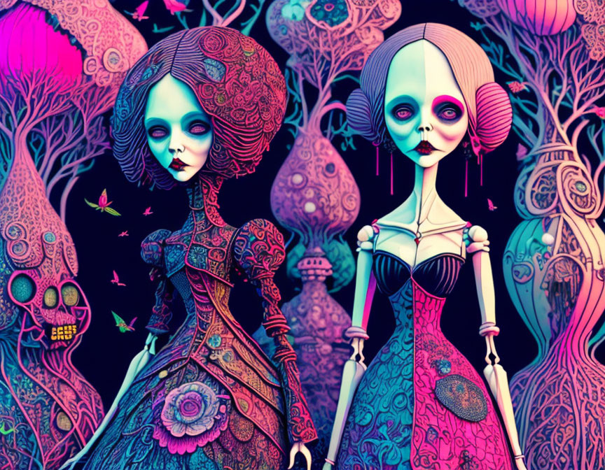 Stylized gothic female figures in surreal landscape with intricate patterns.