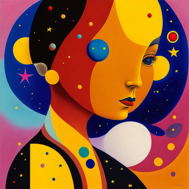 Colorful Surrealist Painting of Woman with Celestial Elements