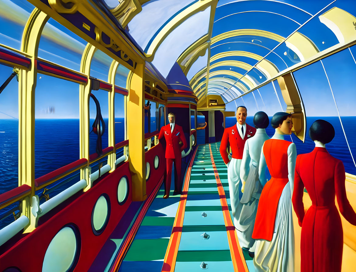 Passengers and staff in art-deco train carriage by the sea