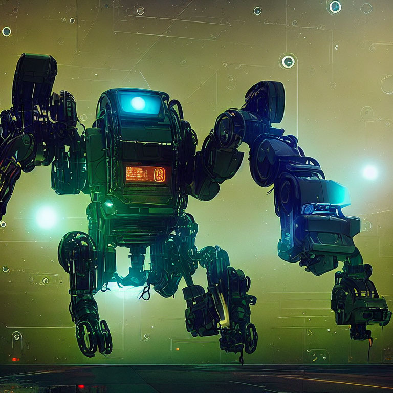 Futuristic robot with glowing blue lights in green-tinted digital rain