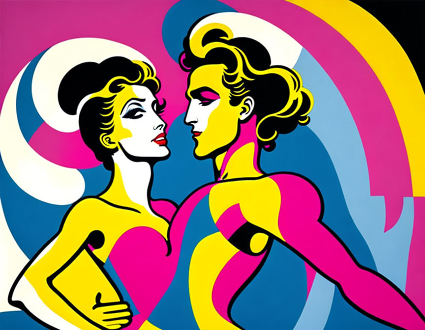 Stylized women with exaggerated features in vibrant colors and bold shapes