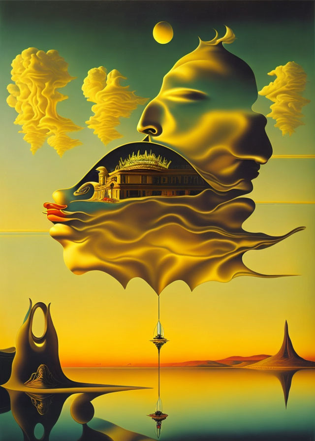 Surreal painting of face blending with landscapes and architecture on yellow sky