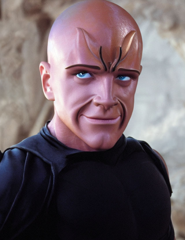 Bald animated character with arrow on head in black outfit against rocky background