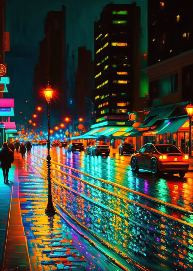 Colorful neon-lit city street at night with bustling pedestrians and traffic