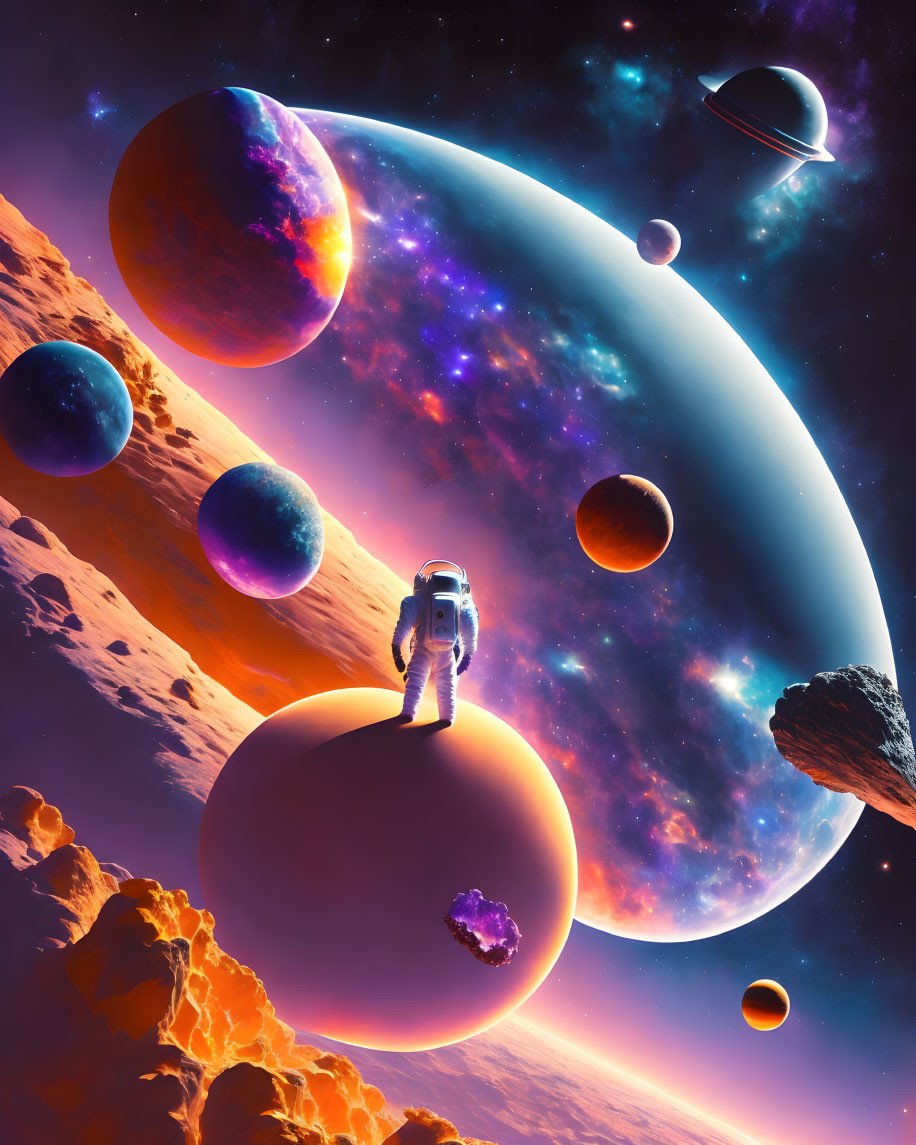 Astronaut on small planet with vibrant galaxy and colorful celestial bodies