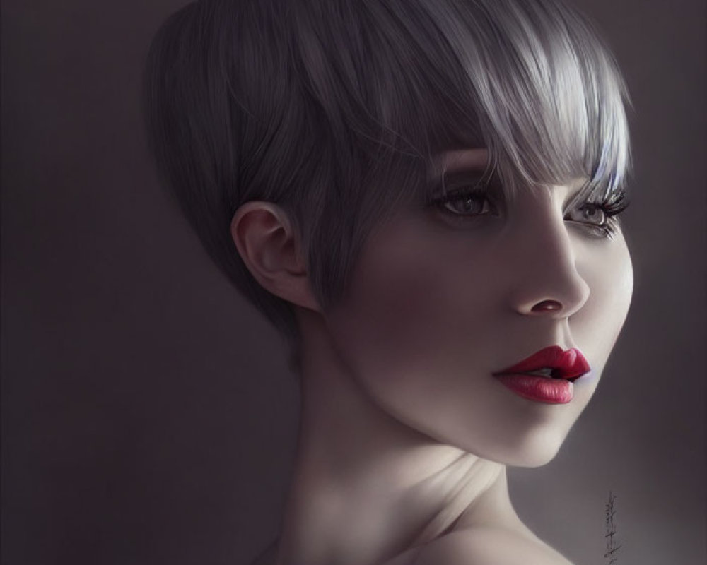 Portrait of Woman with Short Silver Bob Haircut and Striking Red Lips