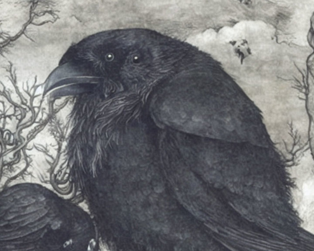 Detailed illustration of large raven with textured plumage in barren tree backdrop