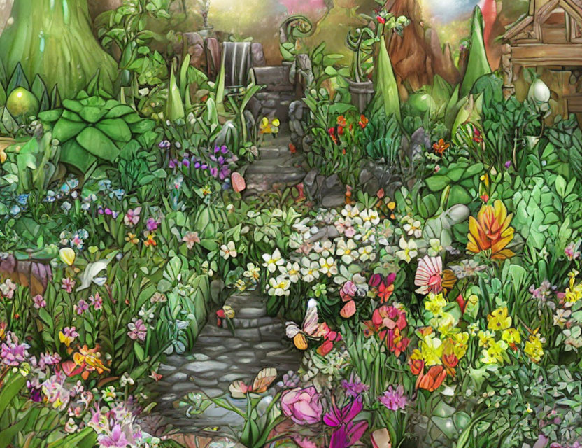 Vibrant garden scene with flowers, stone path, butterflies, and glowing lamps