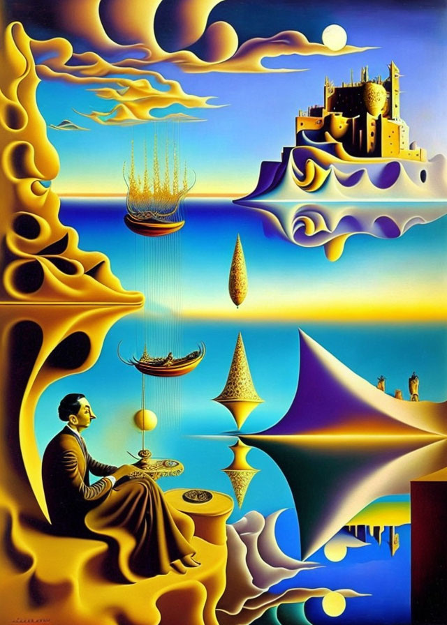 Surreal artwork: man gazes at floating castle with vibrant colors