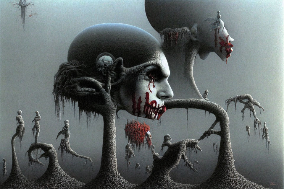 Dark surreal painting featuring skull-like figure and humanoid beings in bleak landscape