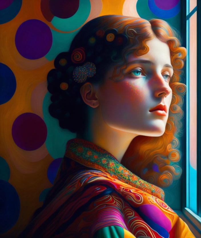 Vivid digital portrait of woman with curly hair and colorful clothing