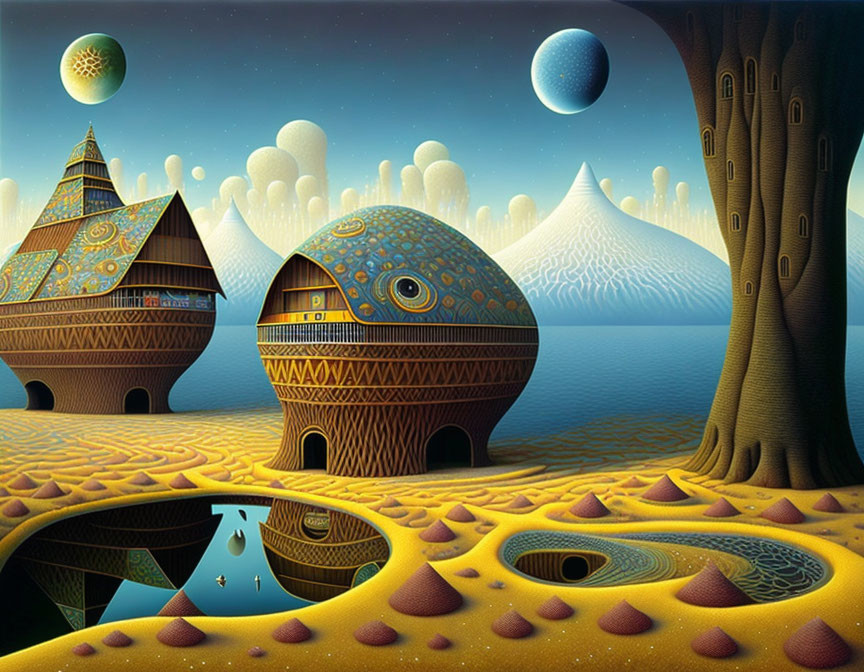 Surreal landscape with domed buildings, trees, moons, and yellow ground