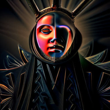 Colorful Surreal Digital Artwork of Stylized Human Face on Dark Abstract Background