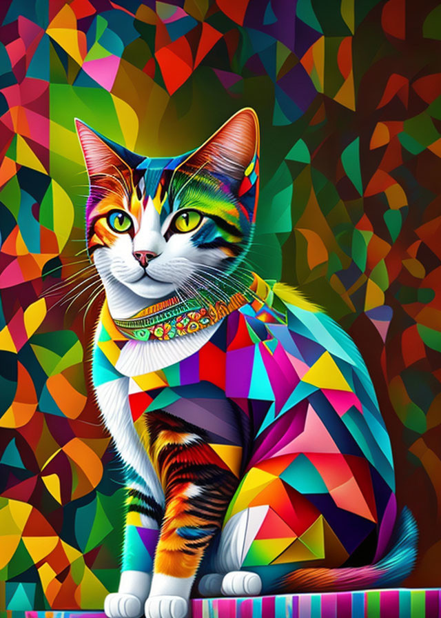 Colorful Digital Art Illustration: Cat with Kaleidoscopic Pattern