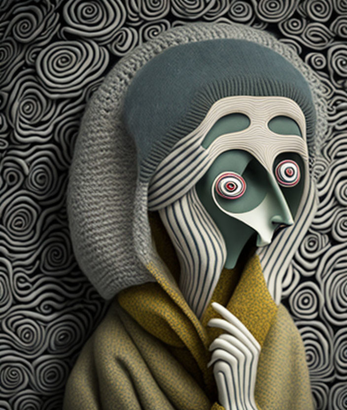 Surreal digital artwork featuring layered facial features and wide eyes