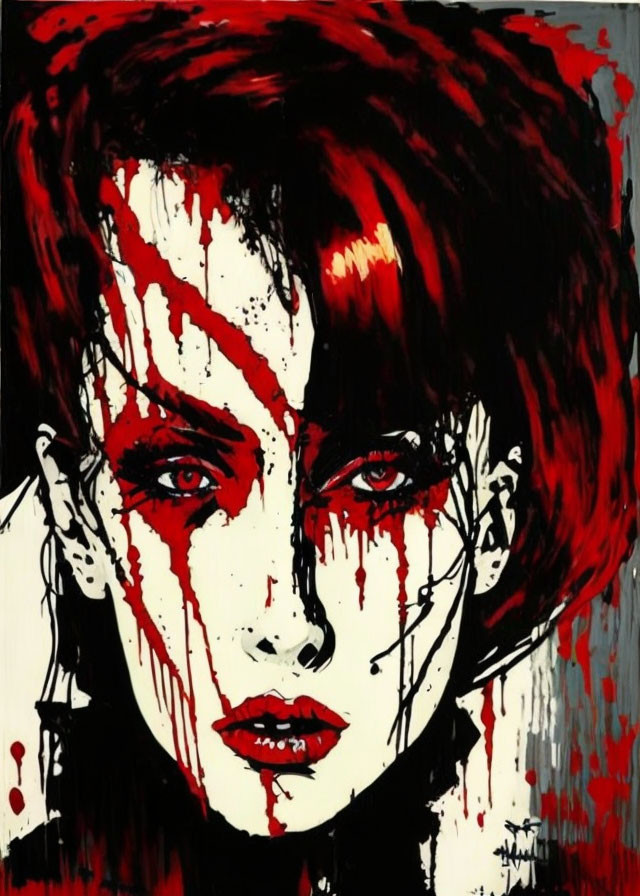 Stylized painting of a person with red streaks and intense eyes