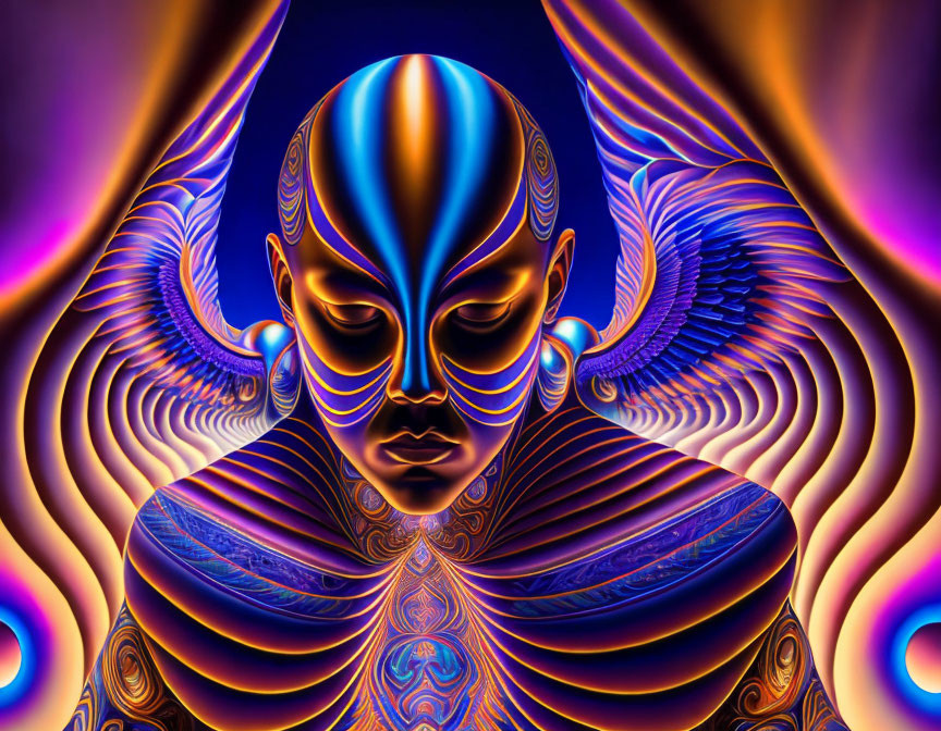 Colorful digital artwork of serene figure with intricate patterns in blue, purple, and orange