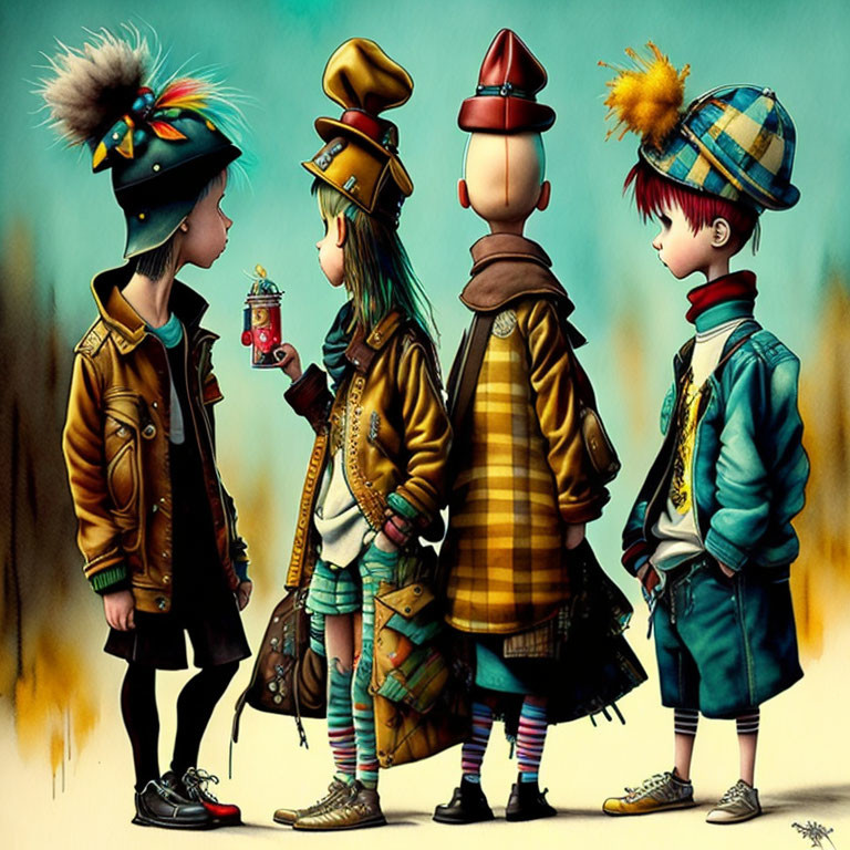 Four animated children in colorful outfits standing together with a spray paint can