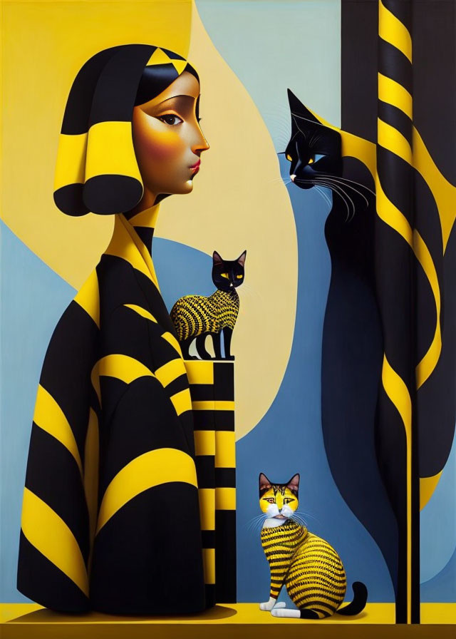 Woman and two cats in yellow and black stripes on striped background