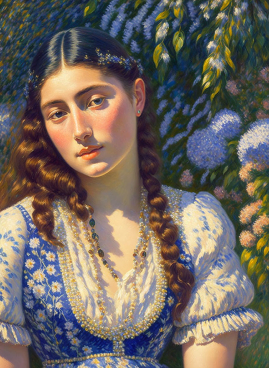 Portrait of Woman in Blue Floral Dress with Braided Hair and Pearl Necklaces