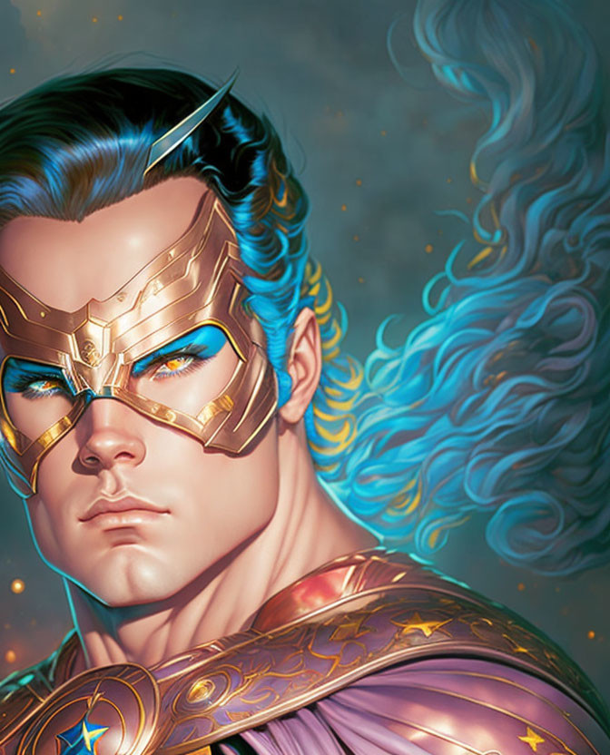 Male superhero with blue hair, golden mask, and ornate armor under starry sky