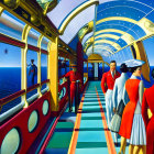 Passengers and staff in art-deco train carriage by the sea