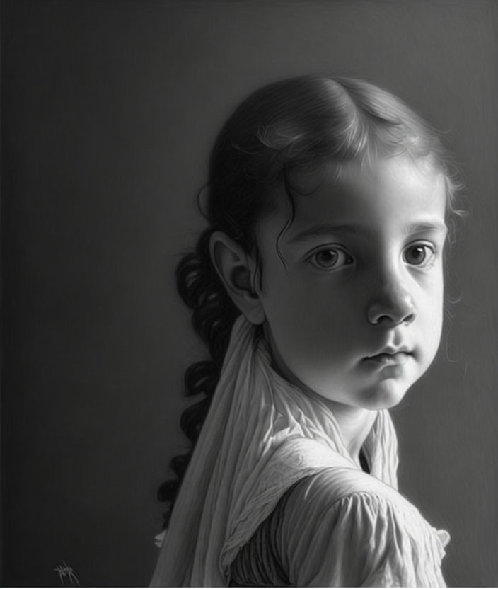 Monochrome portrait of young girl with braid, gazing to side