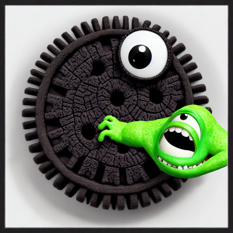 Green one-eyed monster holding cookie-textured gear on light background