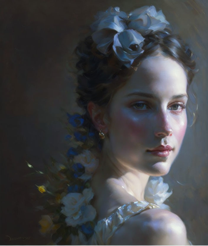 Woman portrait with flowers in hair and soft lighting