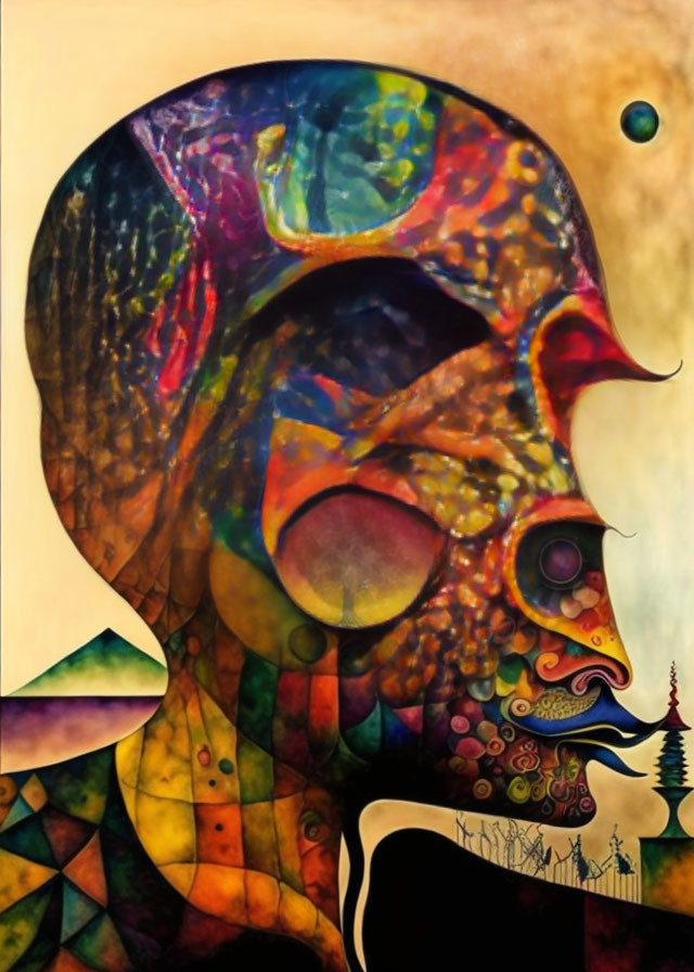 Colorful surrealistic artwork: Abstract humanoid shape with cityscape silhouette