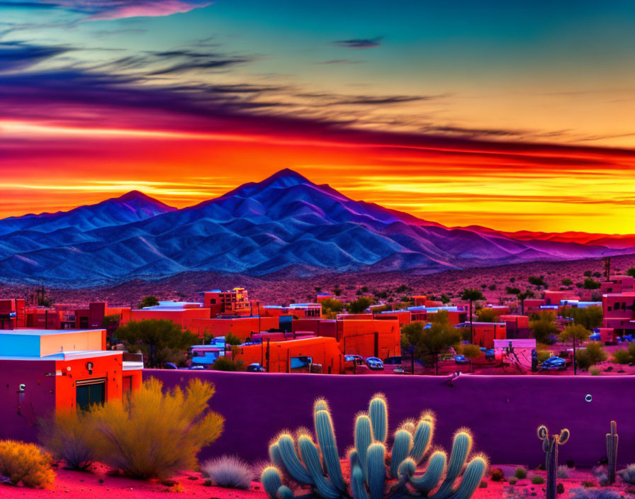 Colorful desert sunset with fiery clouds over silhouetted mountains, cacti, and ad