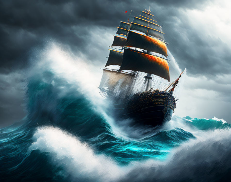 Tall ship with billowing sails in stormy sea