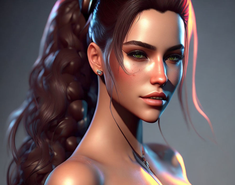 Digital portrait of a woman with side braid, green eyes, and glowing skin in warm light.