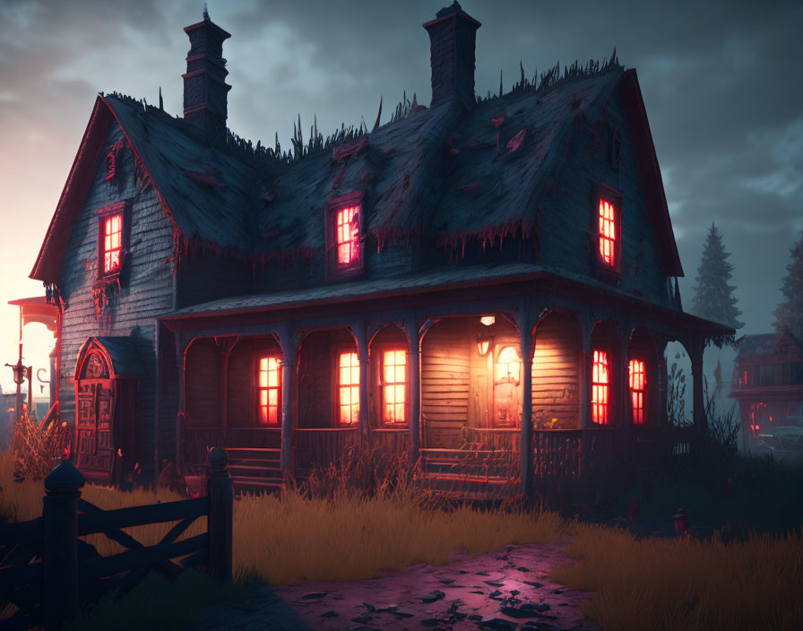 Spooky two-story house at dusk with red windows and overgrown grass