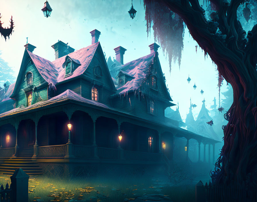 Victorian mansion at dusk with glowing windows and hanging lanterns in eerie gothic setting