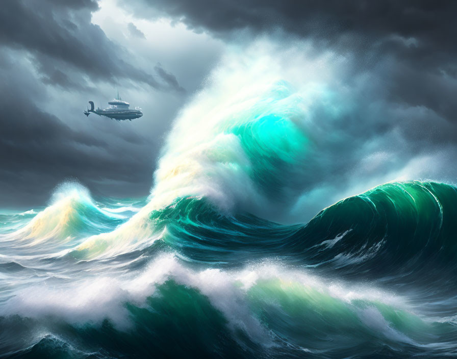 Dramatic seascape with teal waves and airship in stormy sky