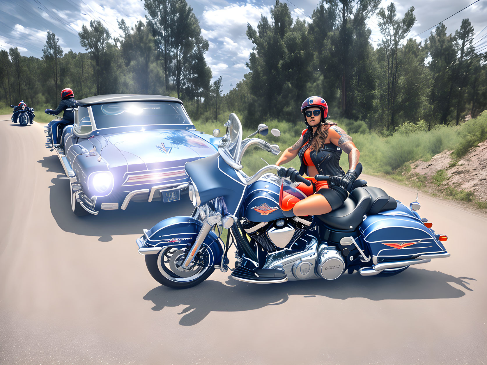 Group of Motorcyclists Riding on Sunny Day with Woman on Blue Cruiser Bike