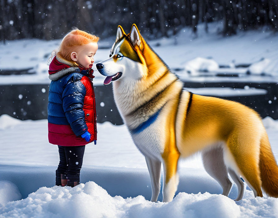 Child and husky dog in snowy landscape with river and trees